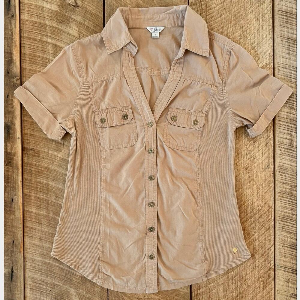 GUESS Women’s Tan Button Down V Neckline Shirt — SIZE S - Picture 2 of 9